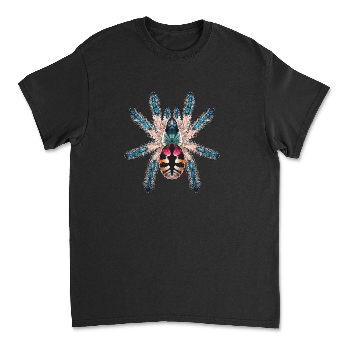 Black T-shirt featuring a colorful illustration of a Brazilian Jewel Tarantula (Typhochlaena seladonia) from Mingo Art.