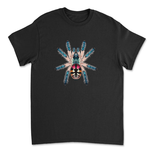 Black T-shirt featuring a colorful illustration of a Brazilian Jewel Tarantula (Typhochlaena seladonia) from Mingo Art.