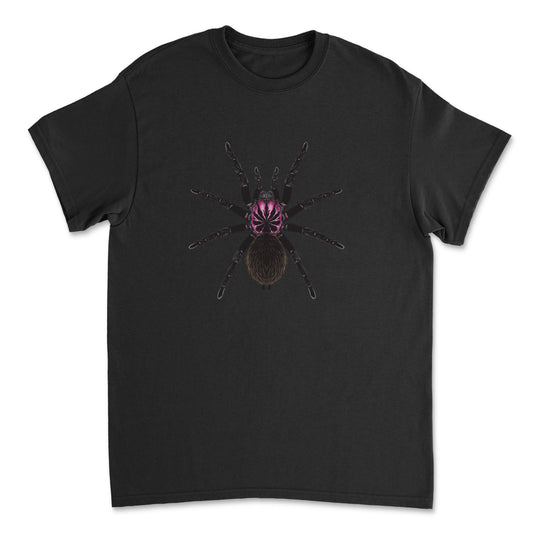 Black tarantula art T-shirt featuring a Colombian Lesser Black Tarantula (Xenesthis immanis) design on a Gildan front.