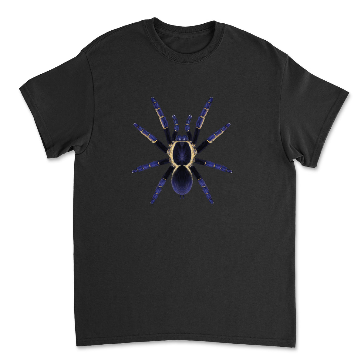 Blue tiger tarantula art T-Shirt featuring Ornithoctoninae Ranong Blue spider on a Gildan shirt front.