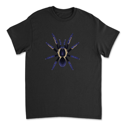 Blue tiger tarantula art T-Shirt featuring Ornithoctoninae Ranong Blue spider on a Gildan shirt front.