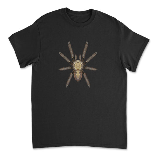Malaysian Earth Tiger Tarantula T-Shirt by Mingo Art featuring a detailed illustration of Omothymus schiodtei on a black Gildan t-shirt.
