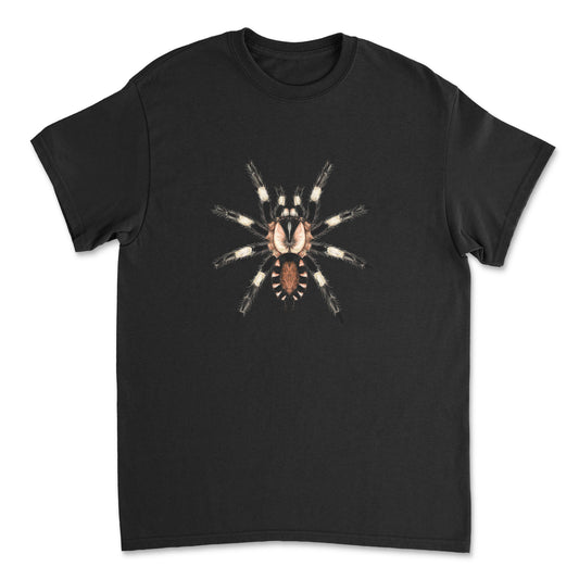 Peruvian Black and White Tarantula Cyriocosmus ritae art T-shirt by Mingo Art showing detailed spider illustration on front.