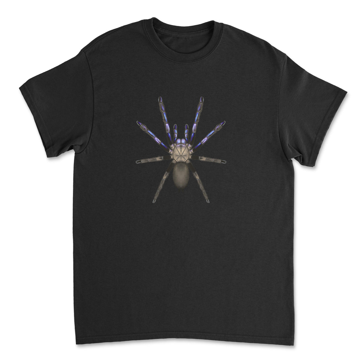 Electric blue tarantula Chilobrachys natanicharum art T-shirt featuring detailed spider illustration on a black Gildan T-shirt.