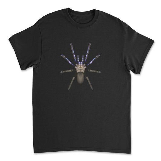 Electric blue tarantula Chilobrachys natanicharum art T-shirt featuring detailed spider illustration on a black Gildan T-shirt.