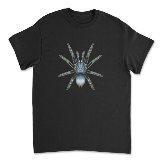 Gray T-shirt featuring a detailed illustration of the Vietnam Silver Tarantula from Mingo Art on the front.