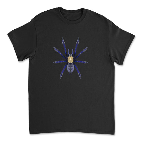 Singapore Blue Tarantula Omothymus violaceopes T-shirt by Mingo Art featuring a detailed blue tarantula illustration on the front.