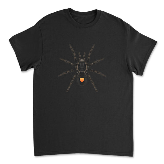 Golden Heart Dwarf Tarantula art T-shirt featuring detailed illustration of Cyriocosmus sp. Oronegro on a comfortable cotton tee