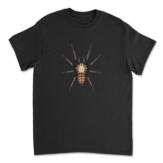 Indian Violet Tarantula art T-shirt featuring a detailed illustration of Chilobrachys fimbriatus on a comfortable Gildan shirt