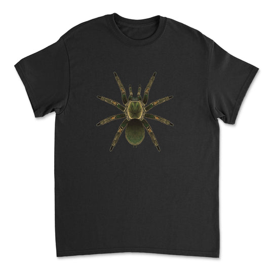 Peruvian Green Velvet Tarantula Ewok pruriens art T-shirt by Mingo Art, featuring a detailed illustration of the spider on a soft fabric shirt.