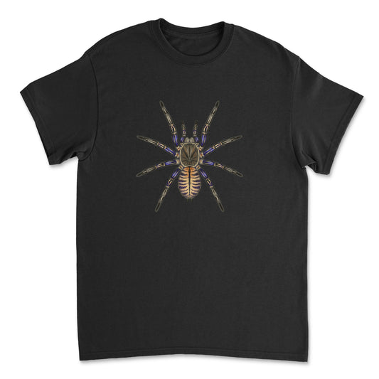 Purple Zebra Earth Tiger Tarantula T-Shirt by Mingo Art featuring a detailed illustration of a purple zebra tarantula on a black tee.