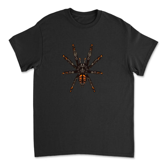 Venezuelan Sun Tiger Tarantula Psalmopoeus irminia art T-shirt showing detailed spider illustration on front.