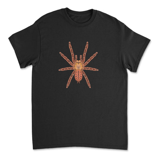 Peach Earth Tiger Tarantula Aspinochilus rufus art T-shirt by Mingo Art, featuring a detailed spider illustration on a white Gildan T-shirt.