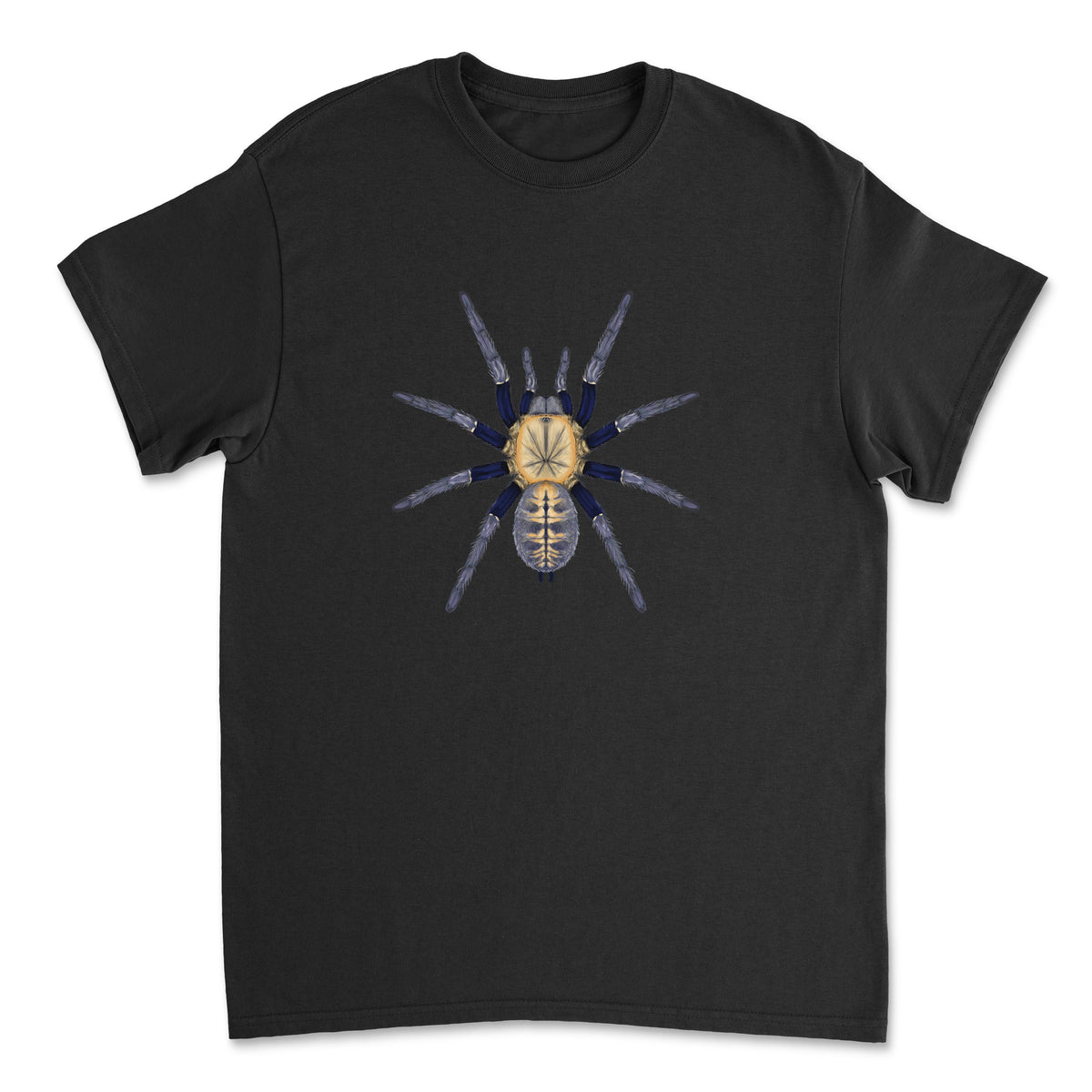 Malaysian Blue Femur Tarantula T-Shirt by Mingo Art featuring a detailed illustration of Melopoeus robustus "Negeri-Sembilan" tarantula design.