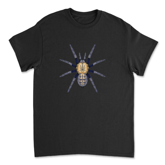 Malaysian Blue Femur Tarantula T-Shirt by Mingo Art featuring a detailed illustration of Melopoeus robustus "Negeri-Sembilan" tarantula design.