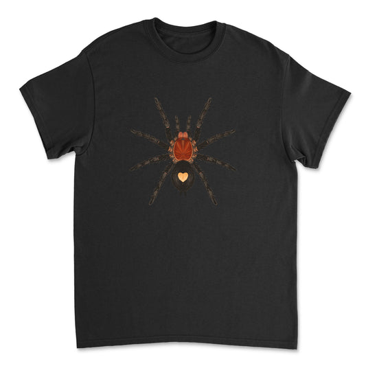 Peruvian Dwarf Tarantula Cyriocosmus sellatus art T-shirt by Mingo Art featuring a detailed spider illustration on a black T-shirt.