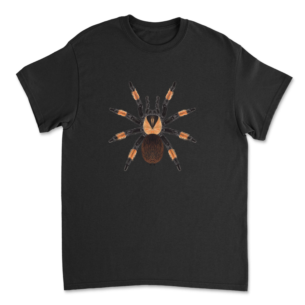 Mexican Red Leg Tarantula Brachypelma emilia T-shirt by Mingo Art, featuring a detailed illustration of the spider on a black fabric.
