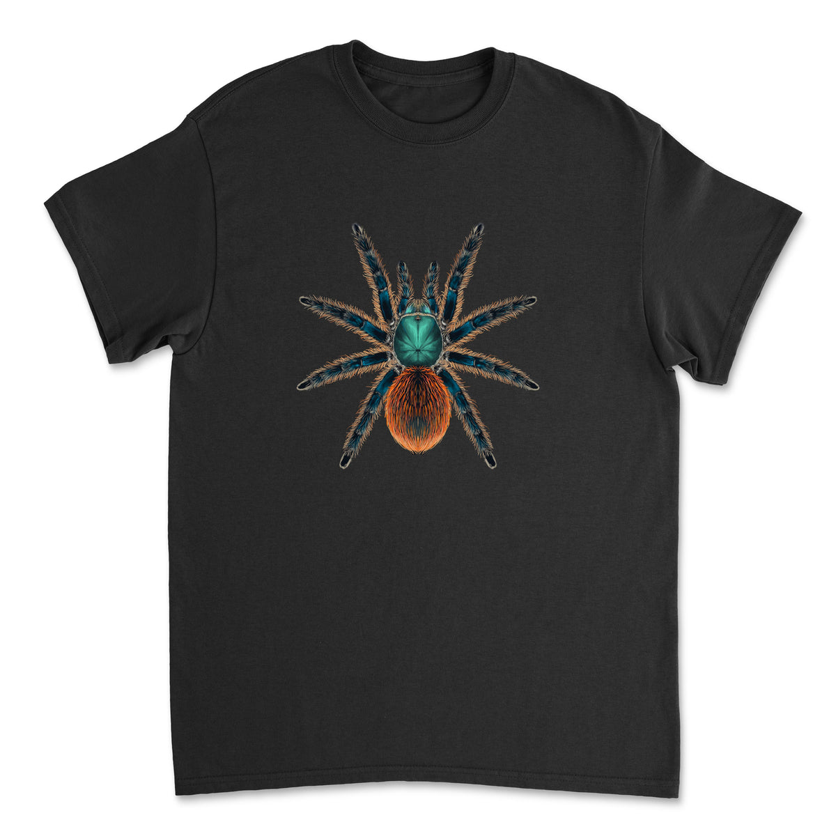 Jade Fuego Tarantula Aphonopelma mooreae art T-shirt by Mingo Art showing a detailed tarantula illustration on a black t-shirt.