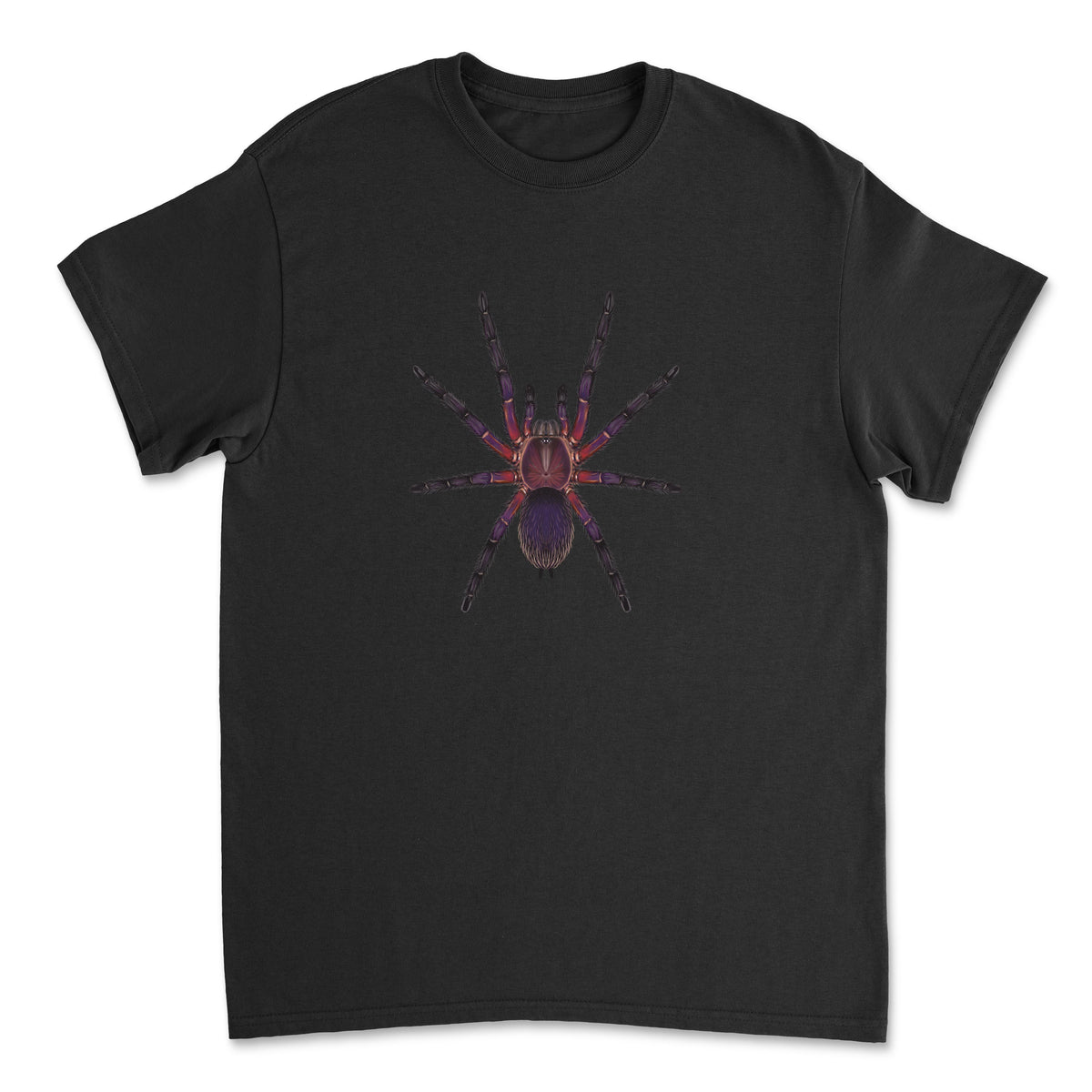 Neon purple blast tarantula Dolichothele rufoniger art T-shirt by Mingo Art, front view showing vibrant spider design on black fabric.