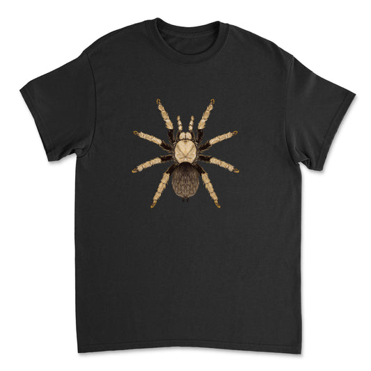 Arizona Blonde Tarantula art T-shirt by Mingo Art featuring a detailed illustration of a tarantula on the front.
